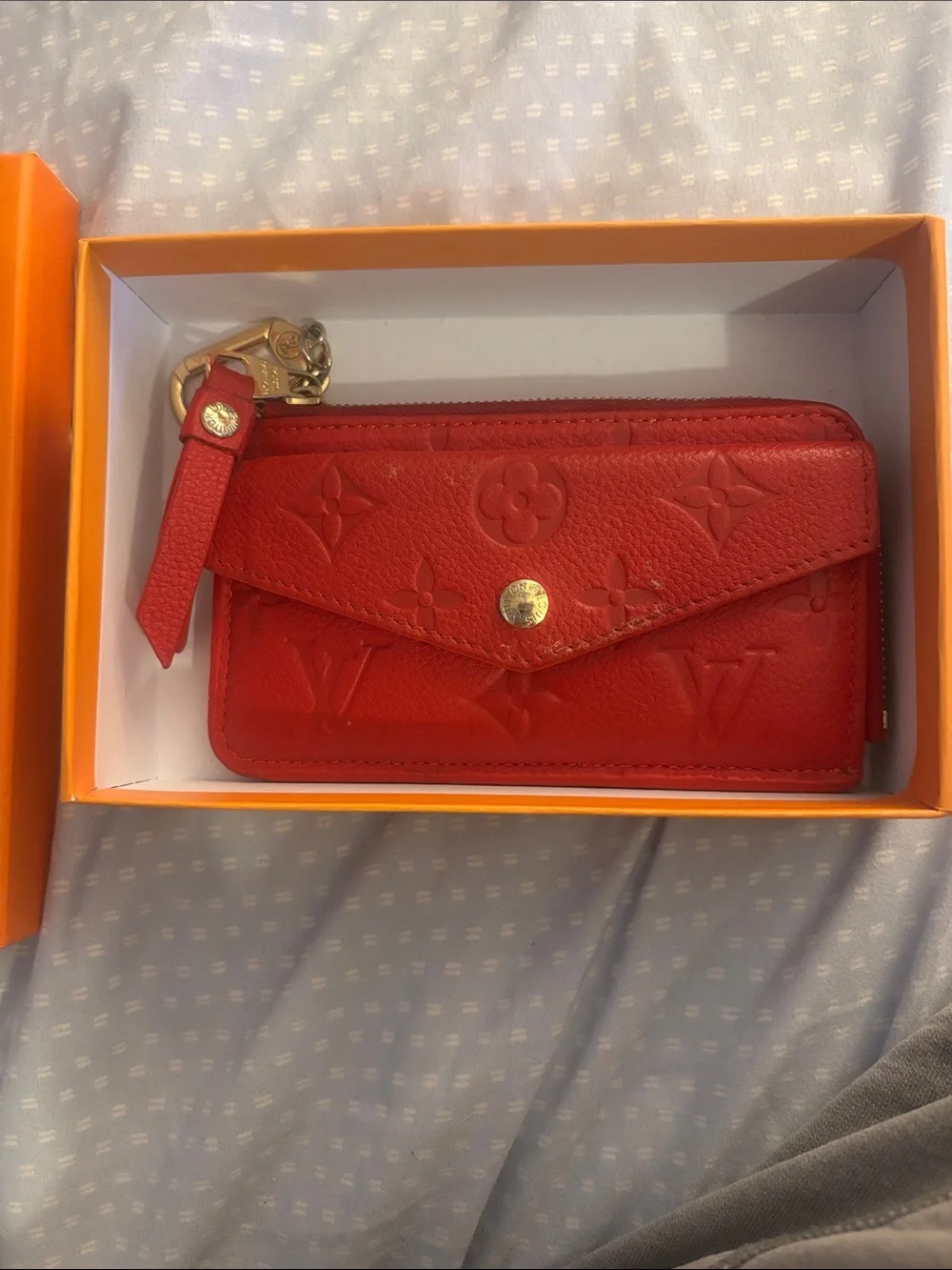 Red Embossed Leather Key Pouch with Gold Hardware